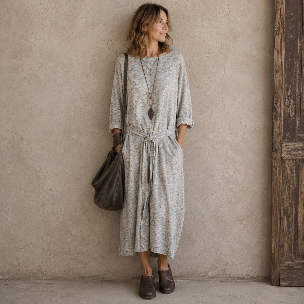 t.la‎ Anthropologie Lagenlook Dress Grey Marled Knit Tie Waist Minimalist XL